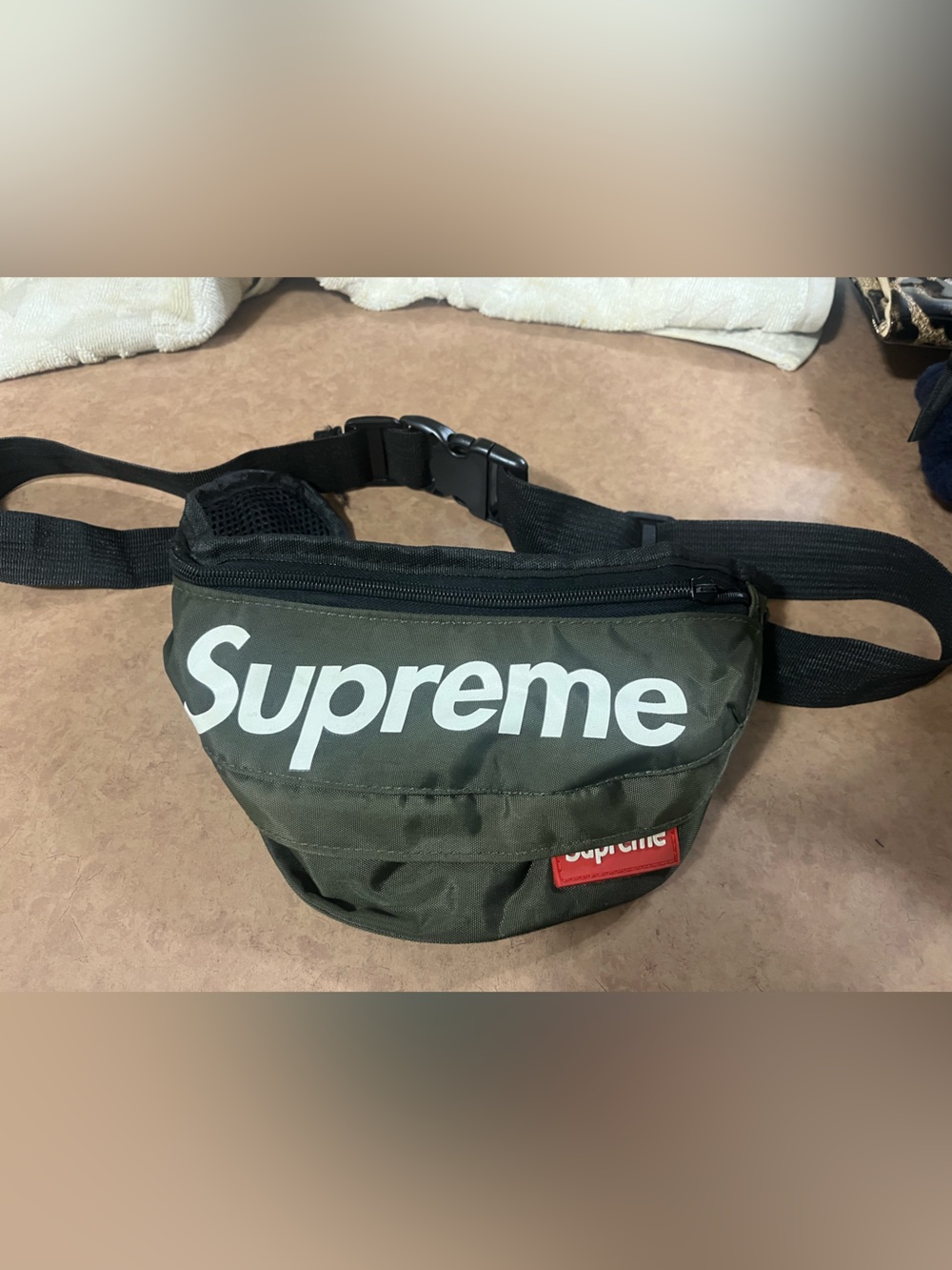 Supreme Olive Green Waist Bag with White Logo and Black Strap